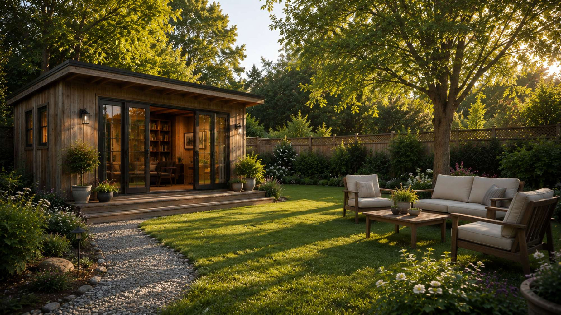 Rustic wooden garden room in a spacious landscaped backyard with outdoor seating, highlighting garden room lifespan and long-term durability