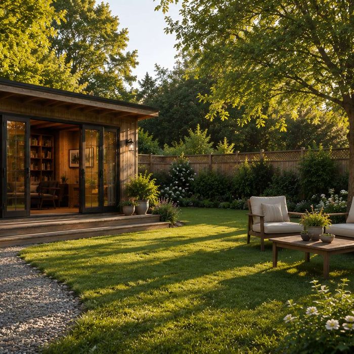 Rustic wooden garden room in a spacious landscaped backyard with outdoor seating, highlighting garden room lifespan and long-term durability