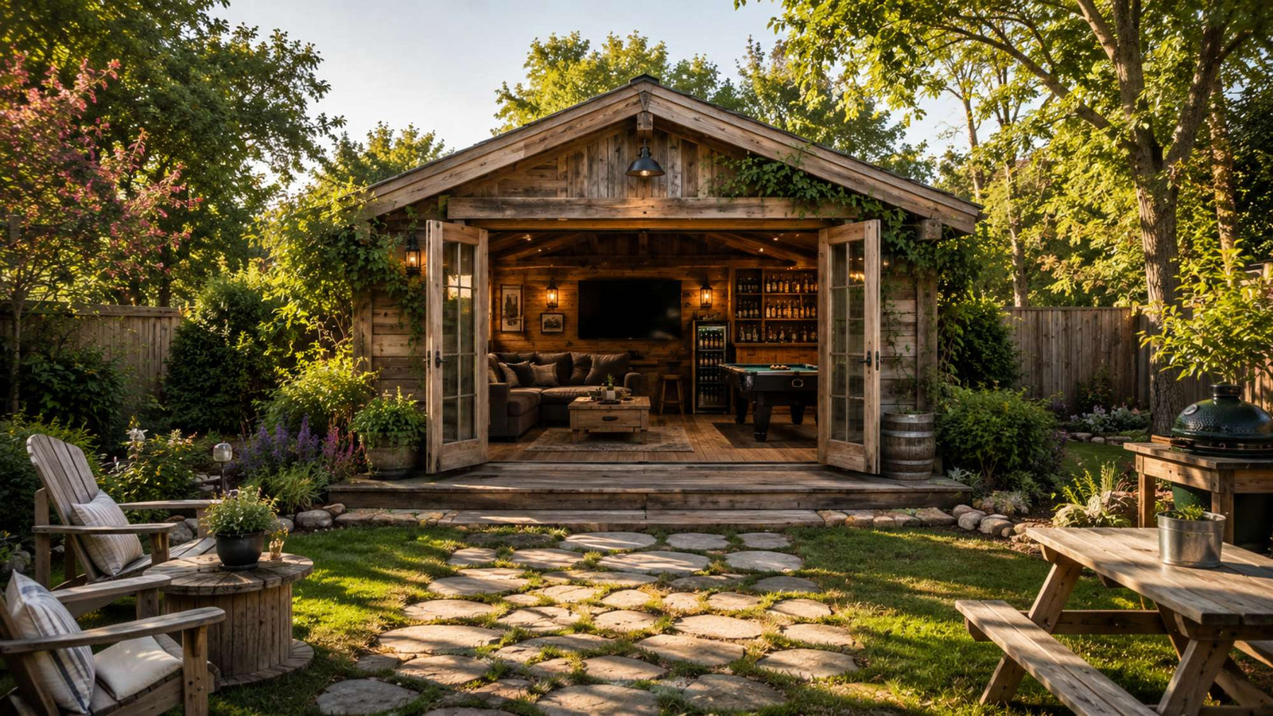 Rustic wooden garden room in a spring backyard set up for outdoor man cave activities with a lounge, TV, pool table, barbecue, and outdoor seating