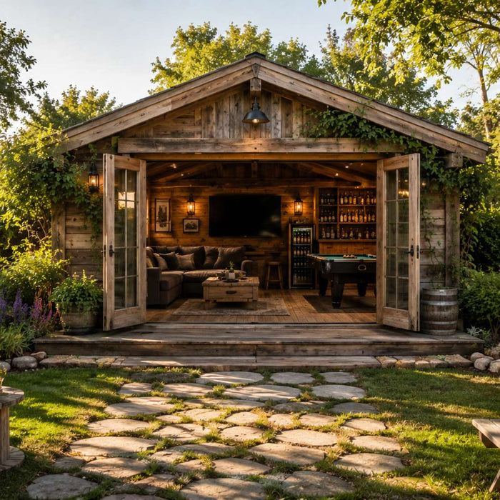 Rustic wooden garden room in a spring backyard set up for outdoor man cave activities with a lounge, TV, pool table, barbecue, and outdoor seating