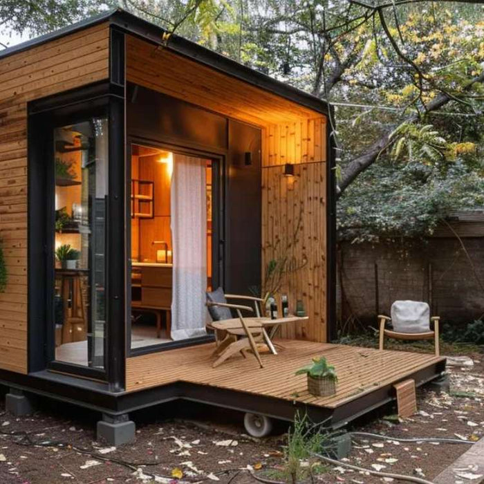 She shed soap business studio in a modern wooden backyard cabin with glass doors, warm lighting, and a small deck surrounded by trees
