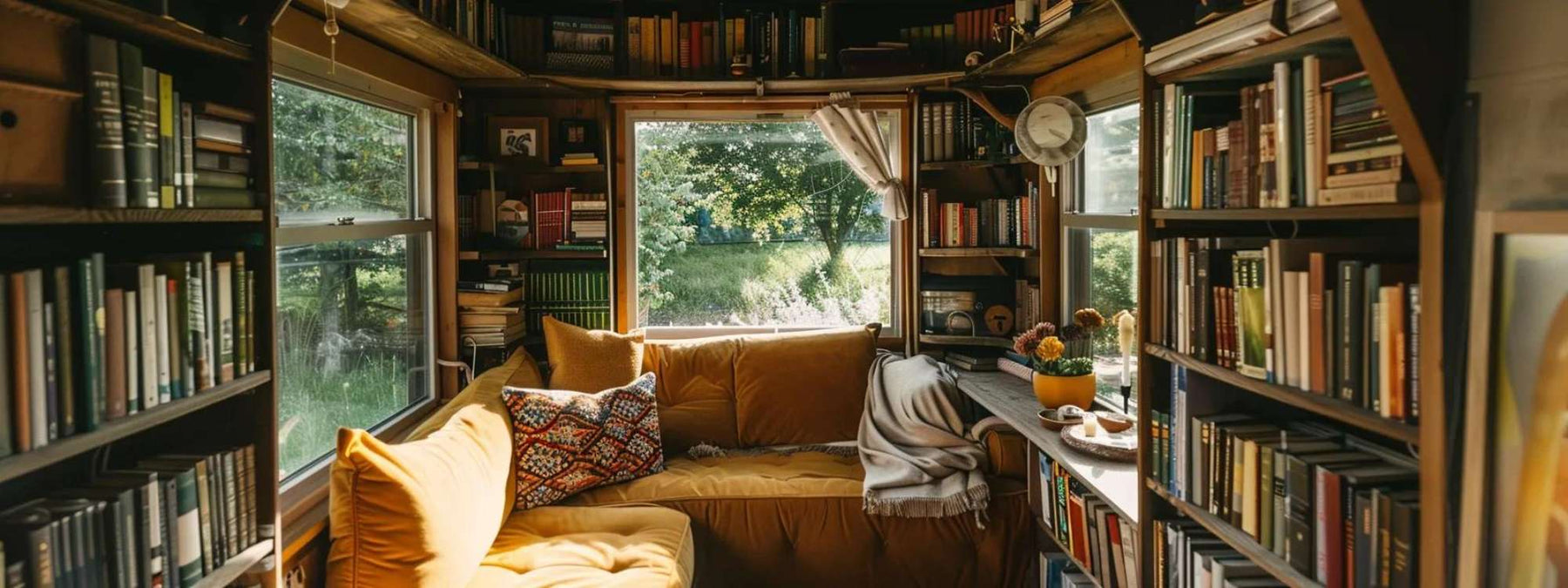 She shed for books with built-in bookshelves, a cushioned sofa, and large windows overlooking a garden