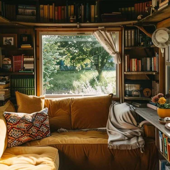She shed for books with built-in bookshelves, a cushioned sofa, and large windows overlooking a garden