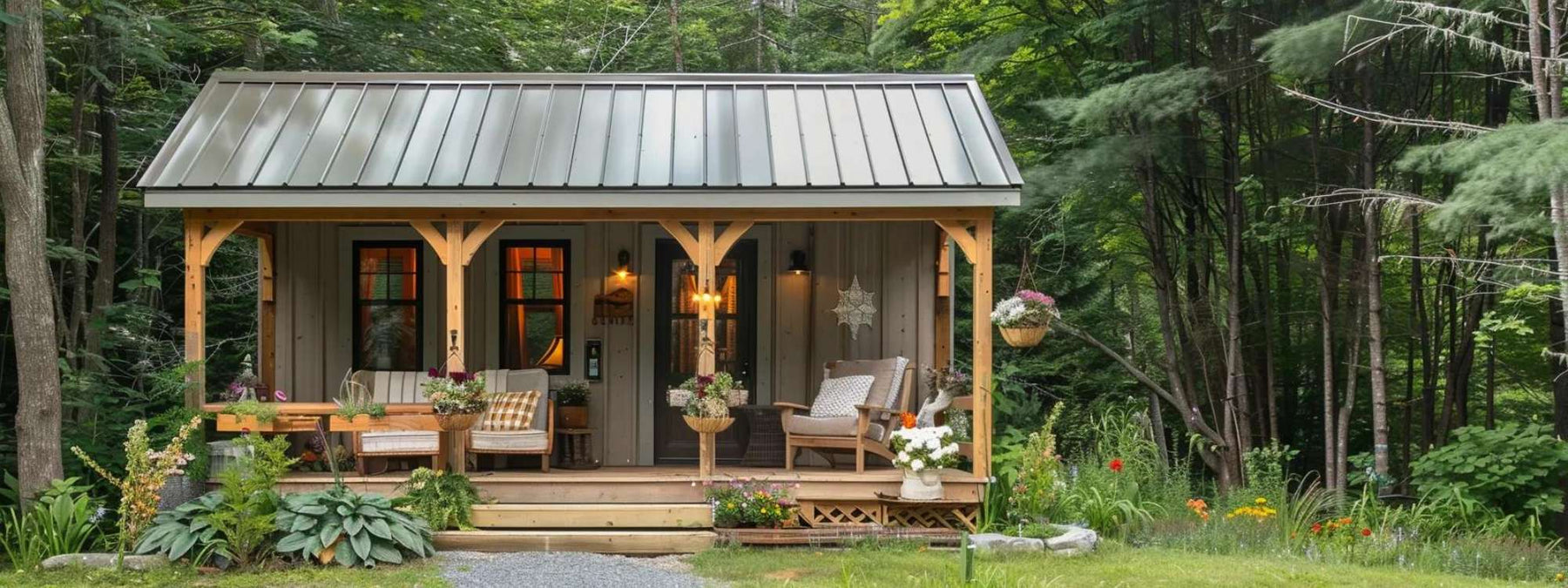 She shed with porch featuring a metal roof, wooden seating, and hanging plants sits quietly among trees in a lush backyard