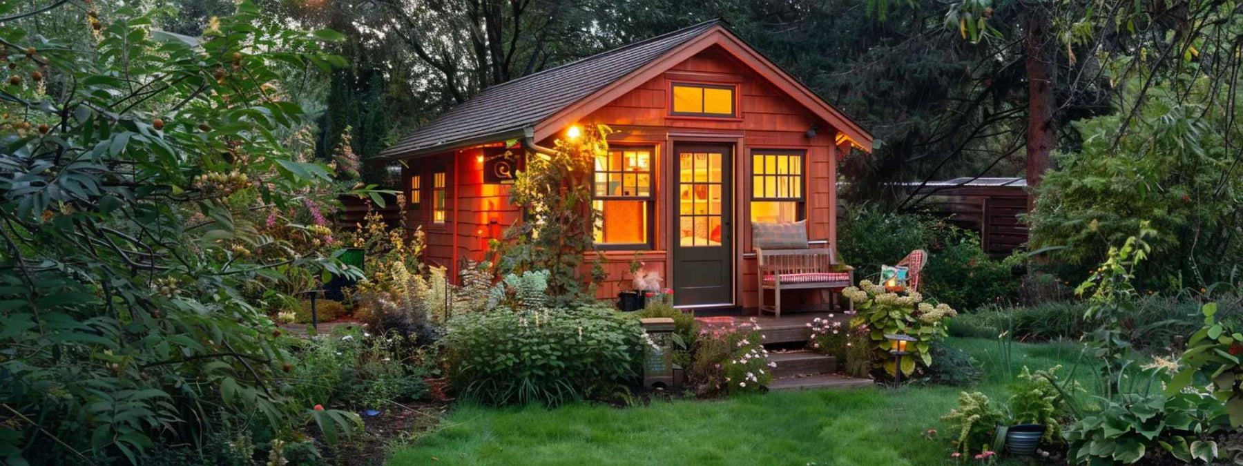 She shed with storage in a garden, featuring a small porch, warm interior lights, and plants surrounding the structure