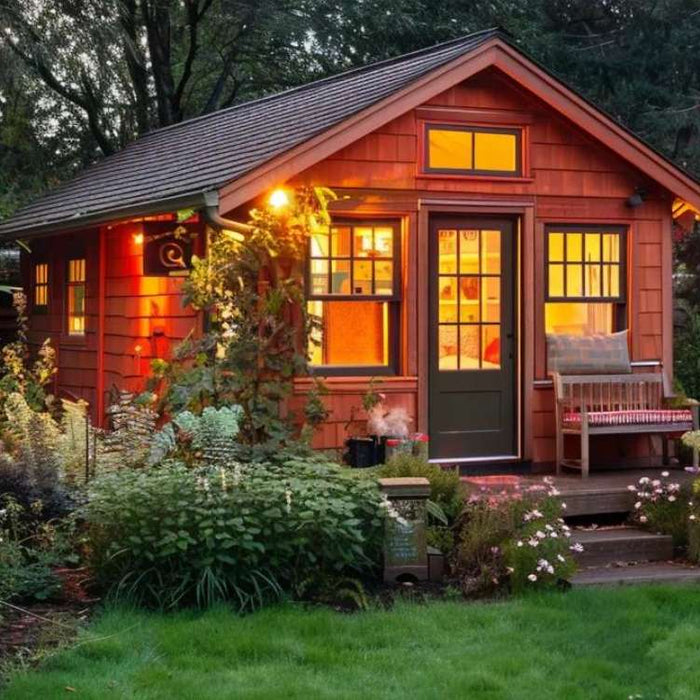 She shed with storage in a garden, featuring a small porch, warm interior lights, and plants surrounding the structure
