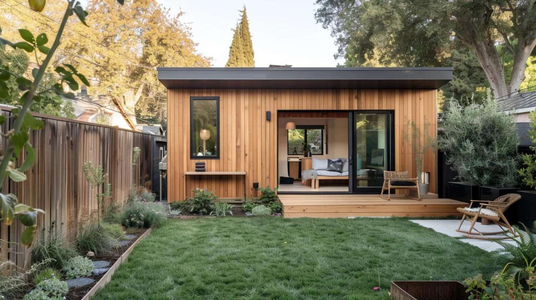 Small contemporary garden studio surrounded by greenery, showing a peaceful space for a garden room side hustle or remote work setup