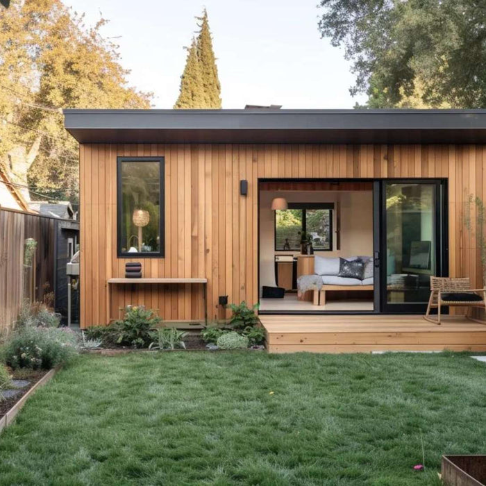 Small contemporary garden studio surrounded by greenery, showing a peaceful space for a garden room side hustle or remote work setup