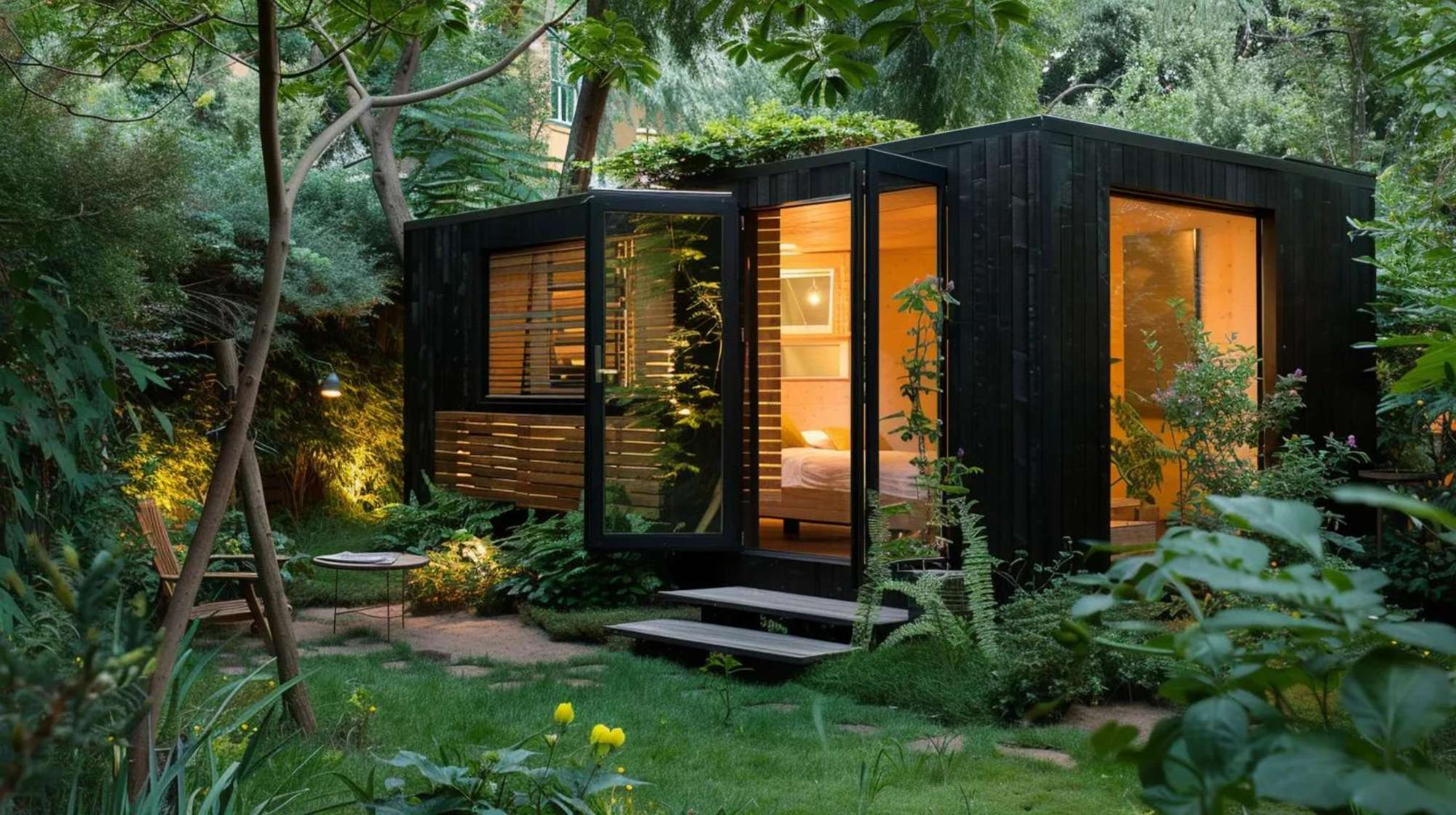 Small modern black garden cabin surrounded by lush greenery features large garden house windows that glow warmly from inside