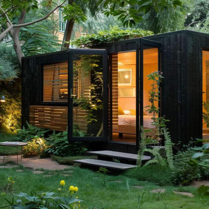Small modern black garden cabin surrounded by lush greenery features large garden house windows that glow warmly from inside