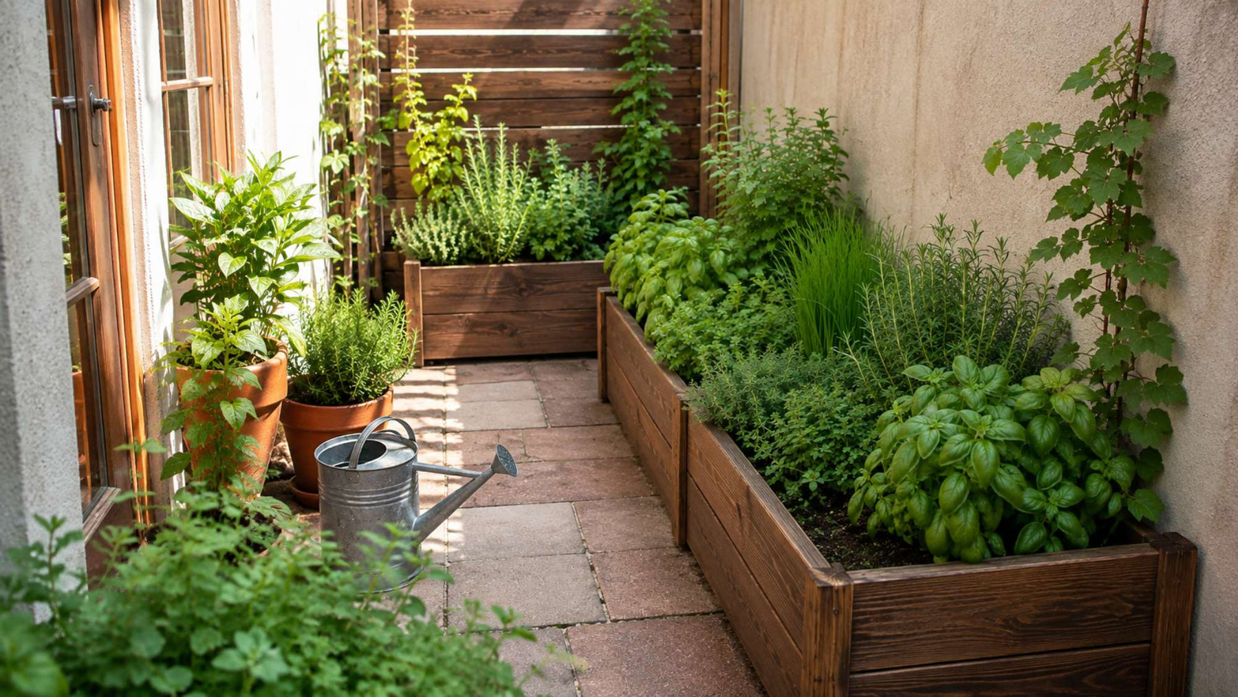 Small patio herb garden features narrow wooden raised beds filled with lush herbs beside a paved walkway and potted plants