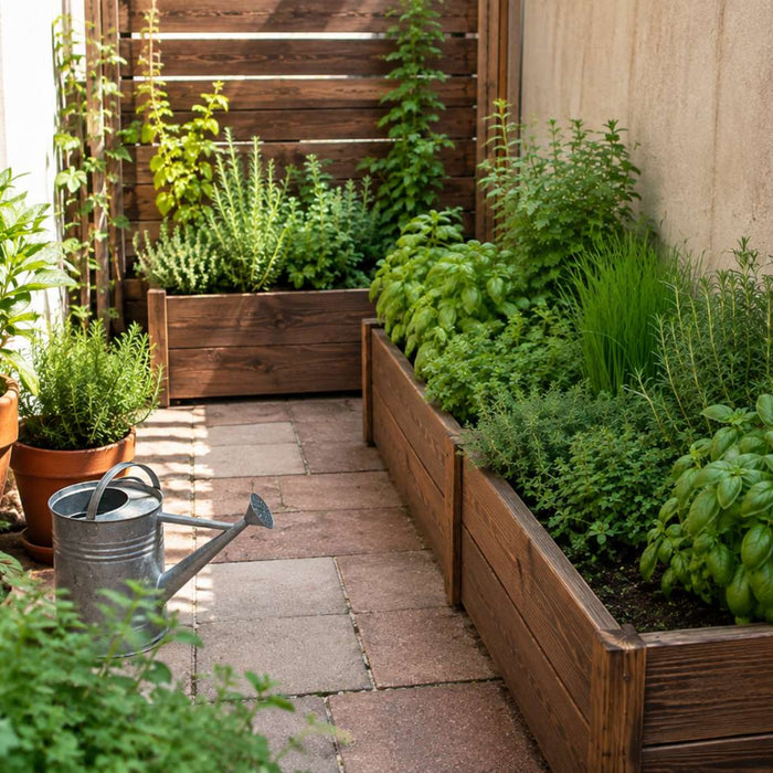 Small patio herb garden features narrow wooden raised beds filled with lush herbs beside a paved walkway and potted plants