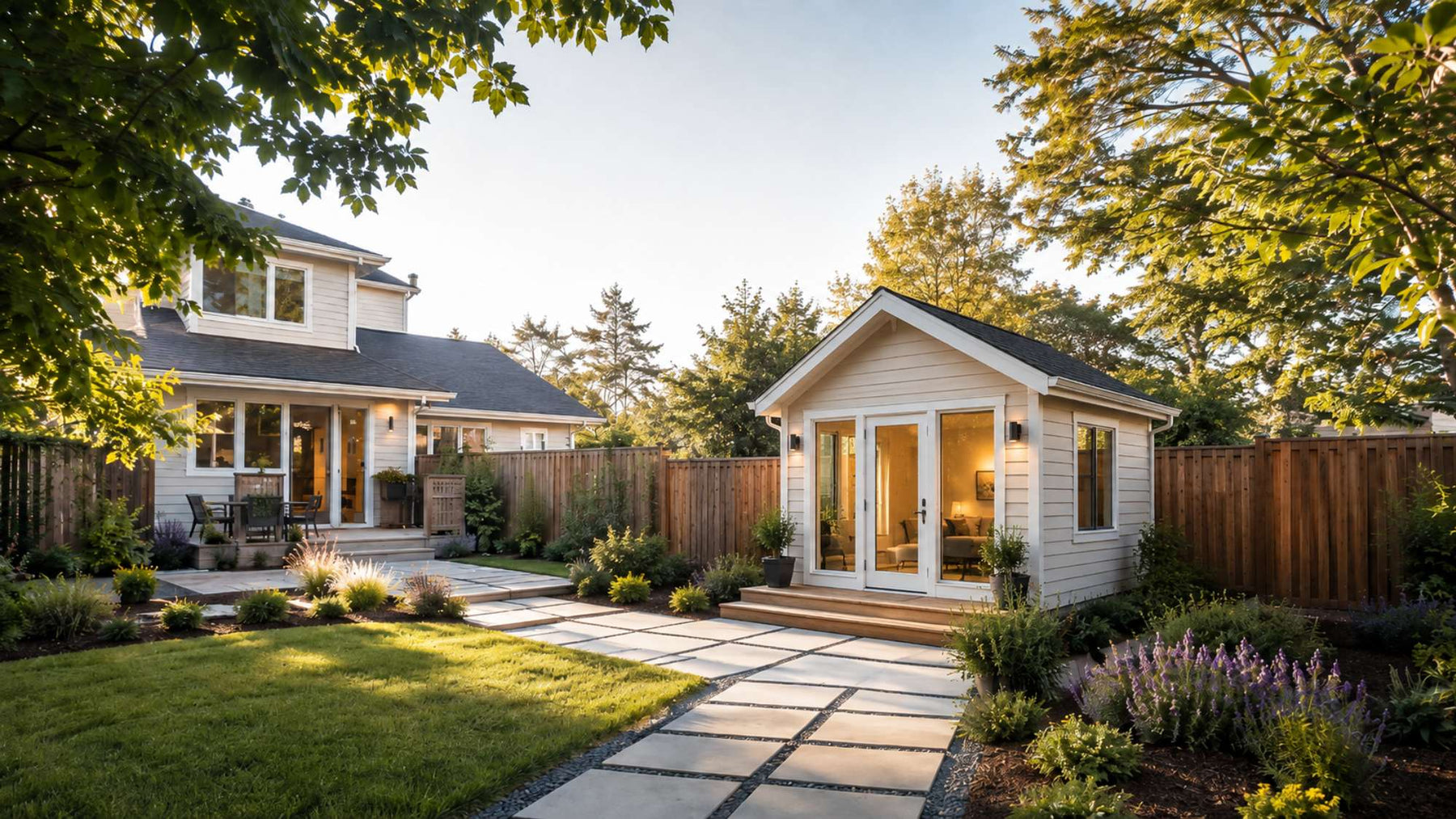 Small white backyard cottage beside a larger matching home shows how ADUs can add private living space while preserving a cohesive property design