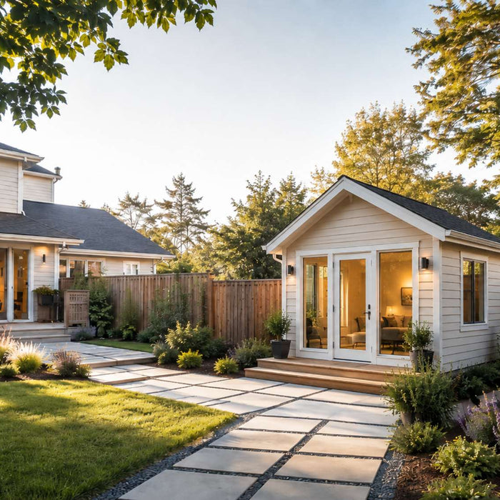 Small white backyard cottage beside a larger matching home shows how ADUs can add private living space while preserving a cohesive property design