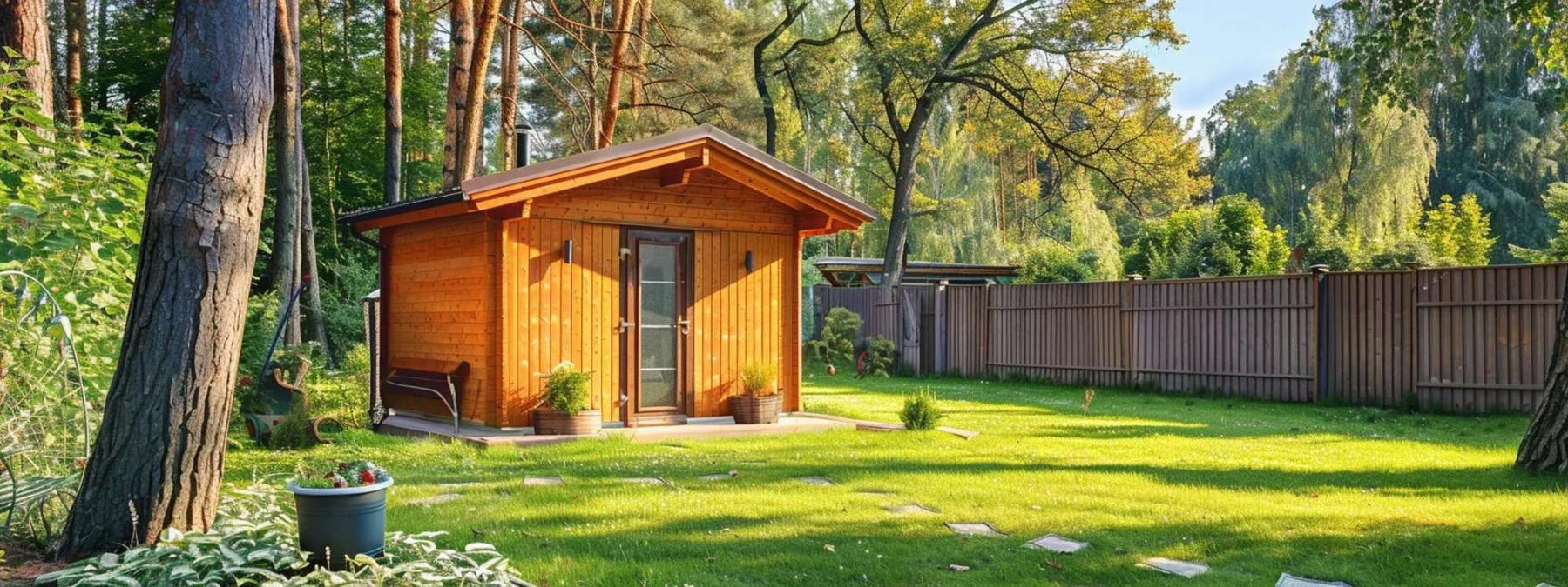 Small wooden garden shed with a sloped roof in a sunny, fenced backyard, prompting the question are sheds easy to build