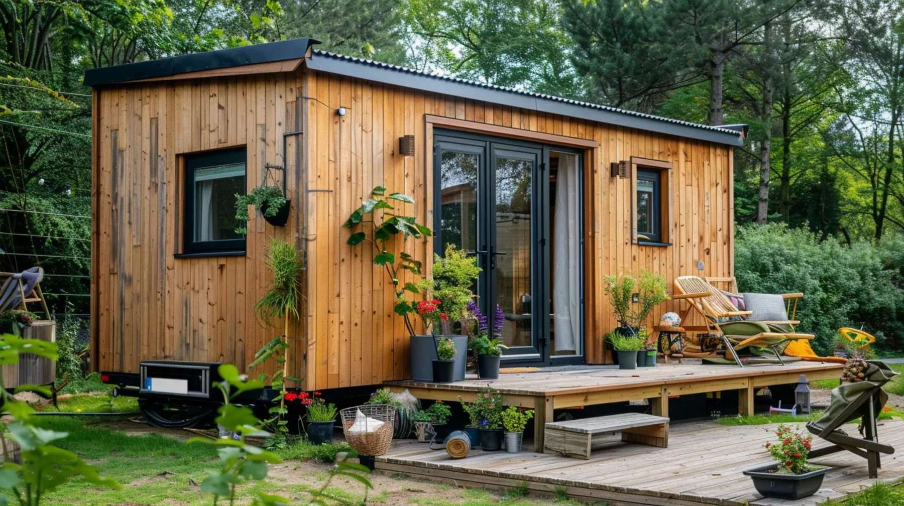Small wooden tiny home on wheels with a front deck, plants, and outdoor seating in a green backyard, showing how can tiny homes be permanent