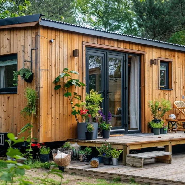 Small wooden tiny home on wheels with a front deck, plants, and outdoor seating in a green backyard, showing how can tiny homes be permanent
