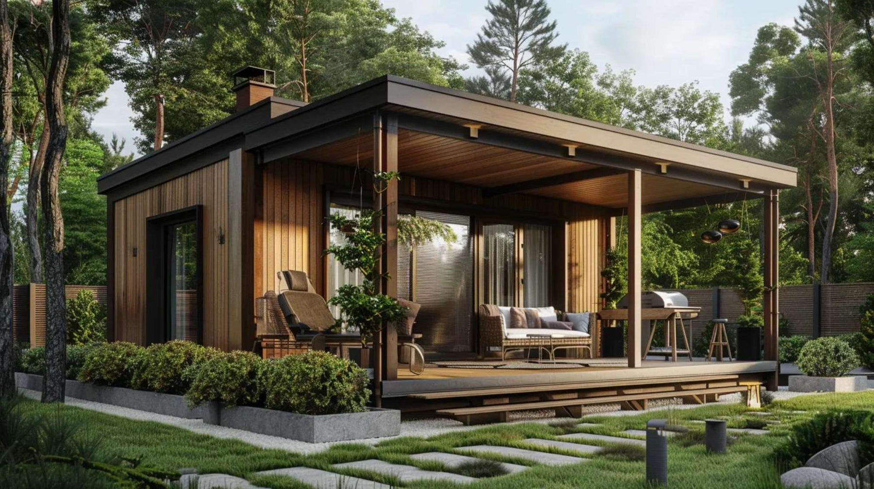 Small modern cabin with wood siding and a covered deck in a forest setting, representing contemporary micro homes design