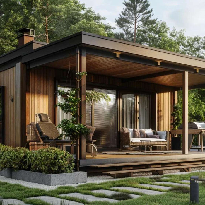 Small modern cabin with wood siding and a covered deck in a forest setting, representing contemporary micro homes design