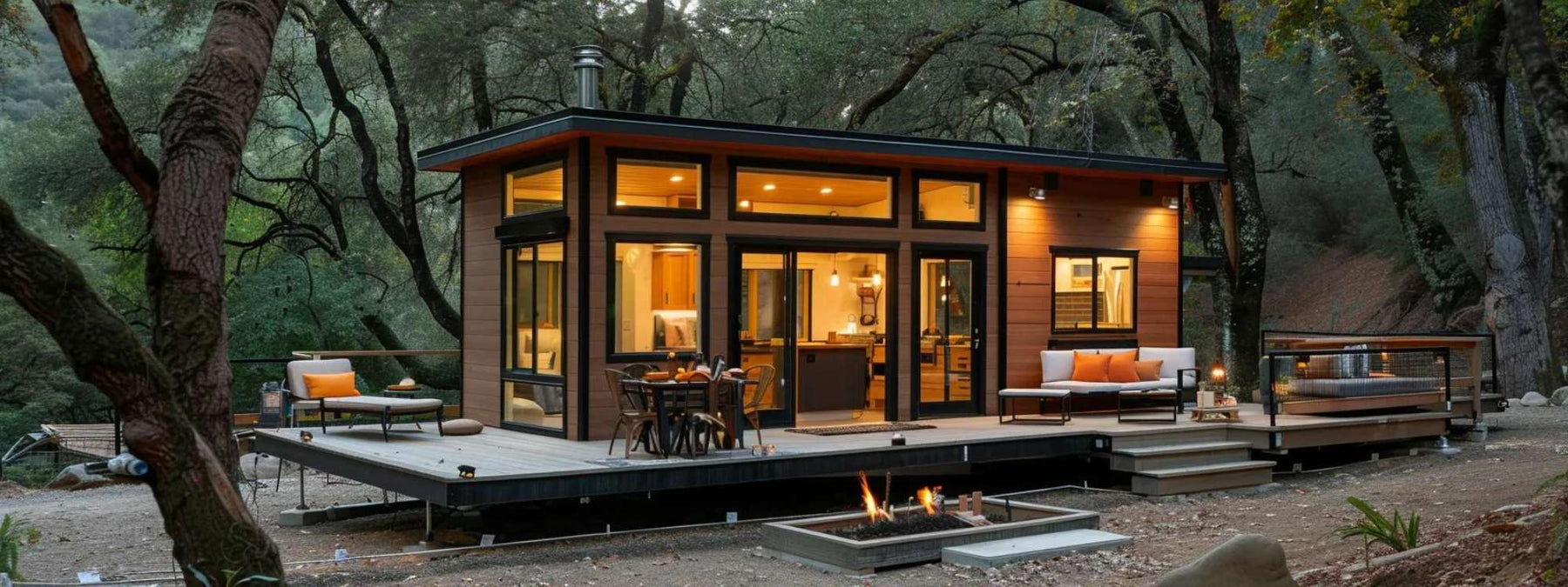 Small modern home with indoor lighting and outdoor seating in a forest, answering can tiny homes be built on a foundation through permanent construction