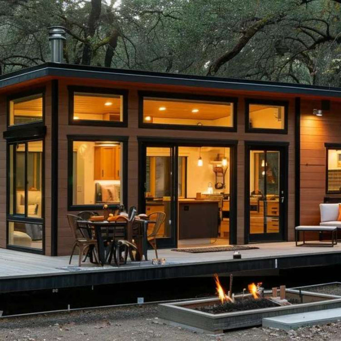 Small modern home with indoor lighting and outdoor seating in a forest, answering can tiny homes be built on a foundation through permanent construction