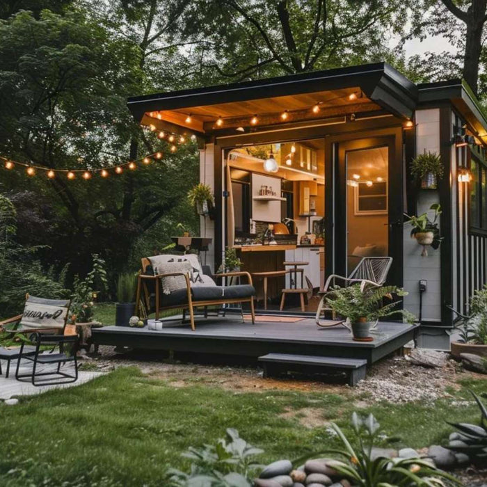 Small open-concept tiny home with a lit patio and garden shows how micro homes floor plans blend indoor and outdoor living