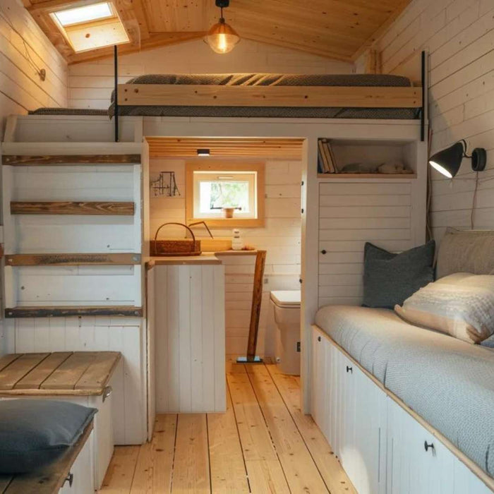 Small wooden interior with a loft bed and sofa showing what is the concept of a tiny house in a compact space