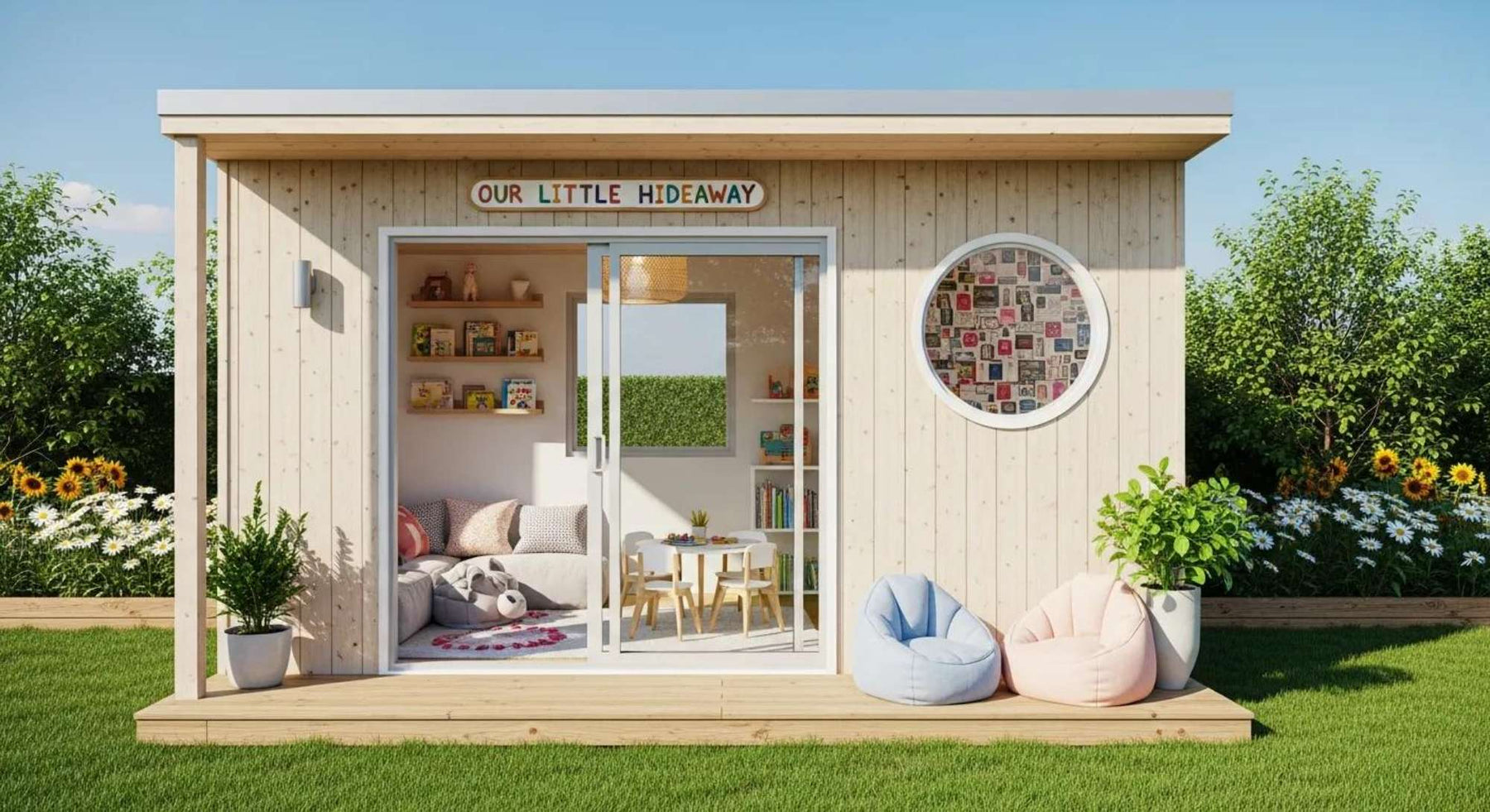 Small wooden she shed for kids with sliding glass doors, cozy seating inside, and soft chairs outside in a garden