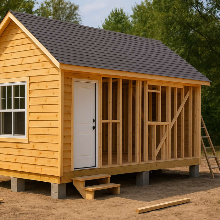 Small wooden tiny home being built on concrete blocks with exposed framing on one side, illustrating the early construction stage for anyone learning how to diy tiny home