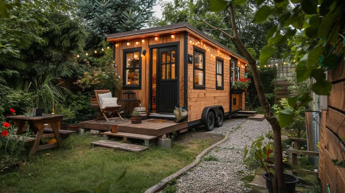 Small wooden tiny house on wheels sits in a green backyard with string lights and a porch, showing a cozy outdoor setup that helps answer the question are tiny homes still popular