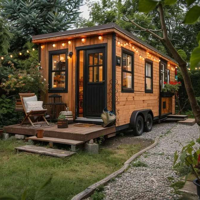 Small wooden tiny house on wheels sits in a green backyard with string lights and a porch, showing a cozy outdoor setup that helps answer the question are tiny homes still popular