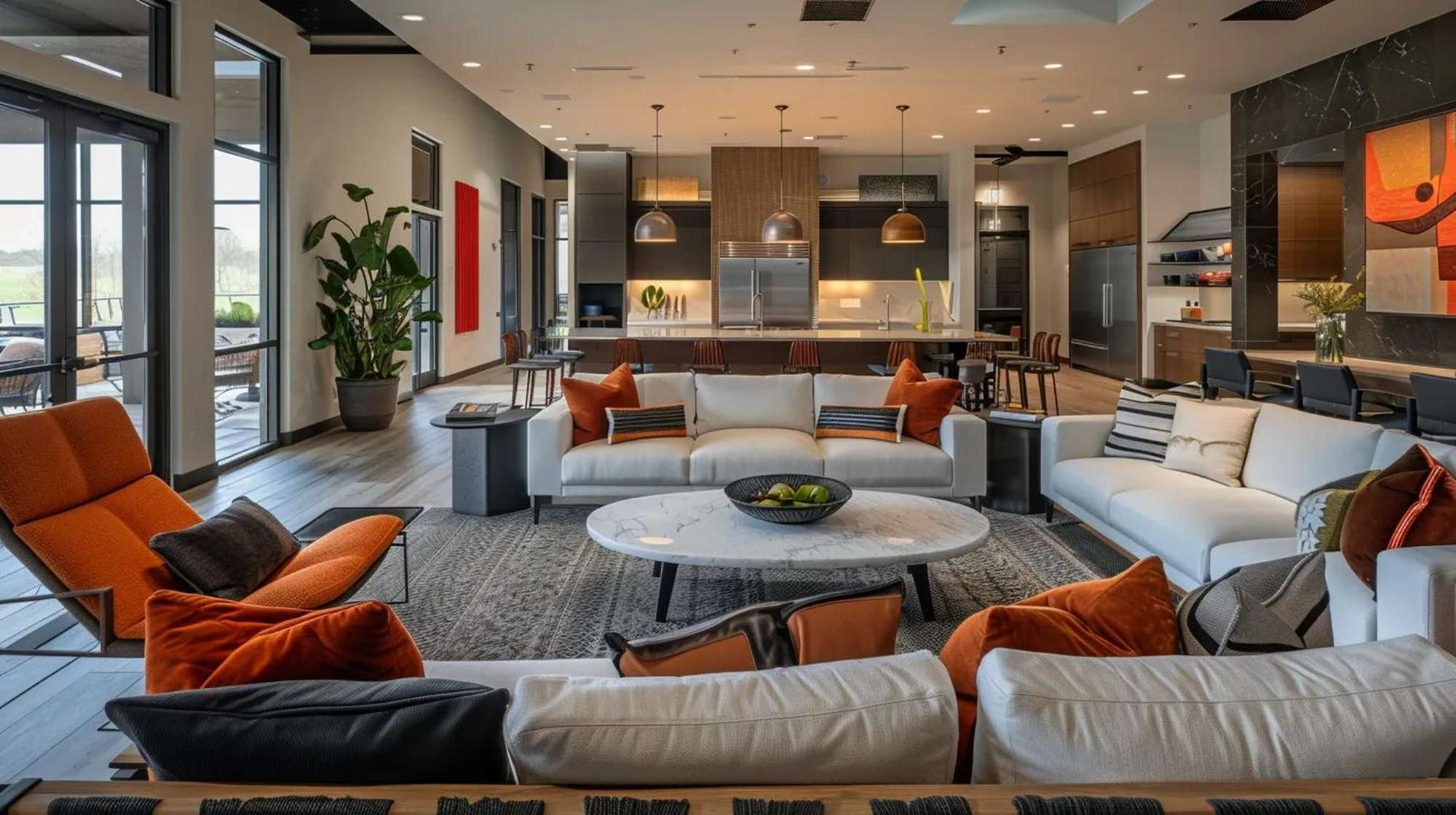 Spacious central room with cozy seating, warm lighting, and kitchen access, representing what is a gathering room in a house used for social connection