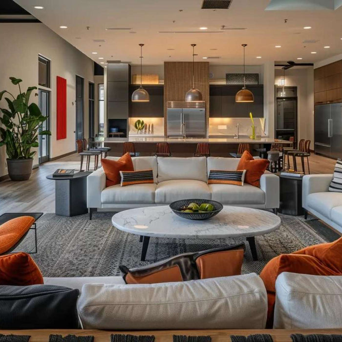 Spacious central room with cozy seating, warm lighting, and kitchen access, representing what is a gathering room in a house used for social connection