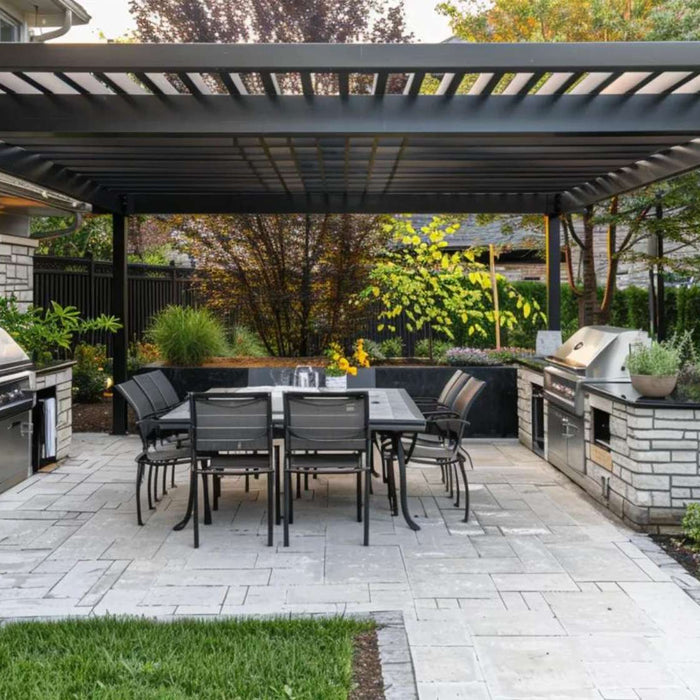 Spacious patio with built-in grills, shaded seating, and stone flooring creating a professional backyard BBQ business setup