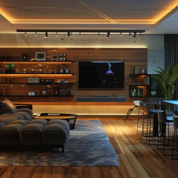 Spacious, upscale lounge with a pool table, bar stools, plants, and glowing shelves creating a calm, private atmosphere that reflects what to do when a man goes into his cave