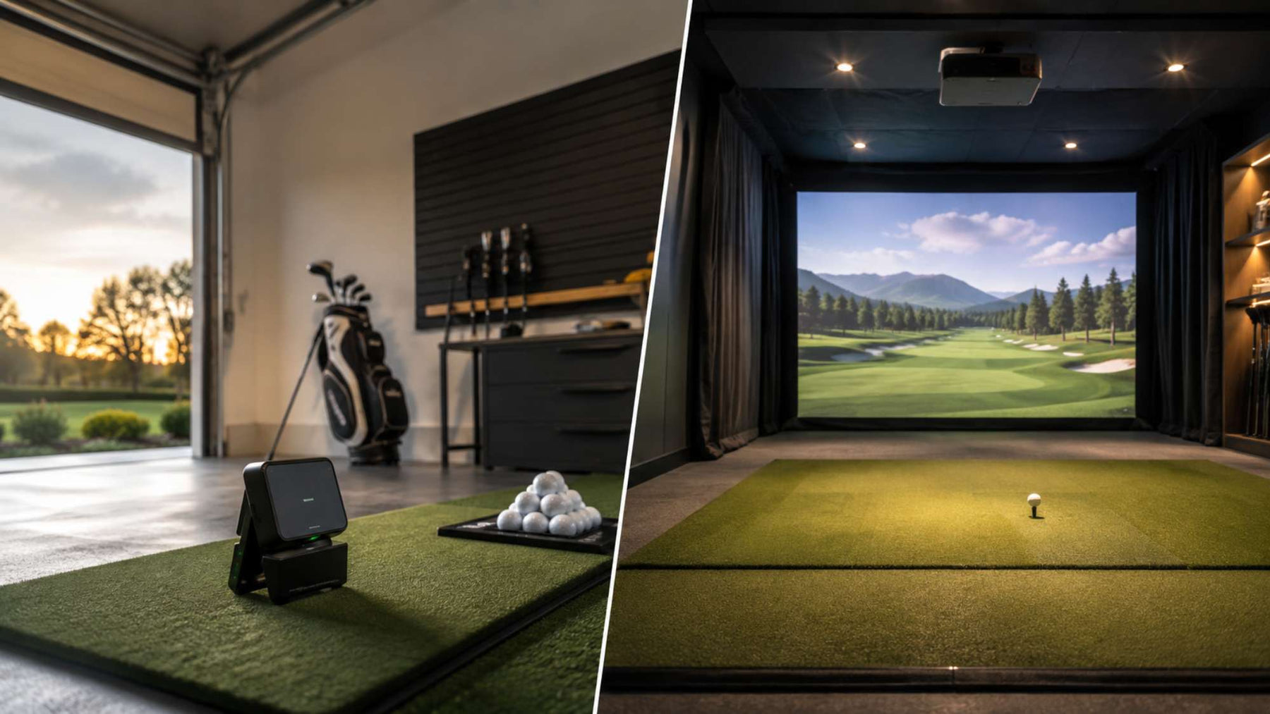 Split-view golf room shows a portable golf launch monitor on a practice mat beside a full indoor simulator with a large projected course screen