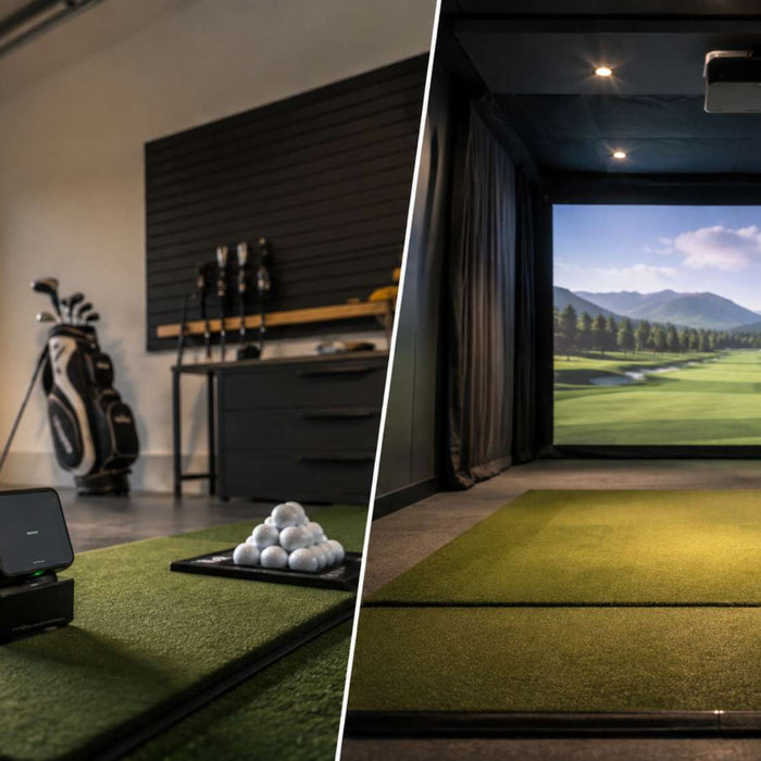 Split-view golf room shows a portable golf launch monitor on a practice mat beside a full indoor simulator with a large projected course screen