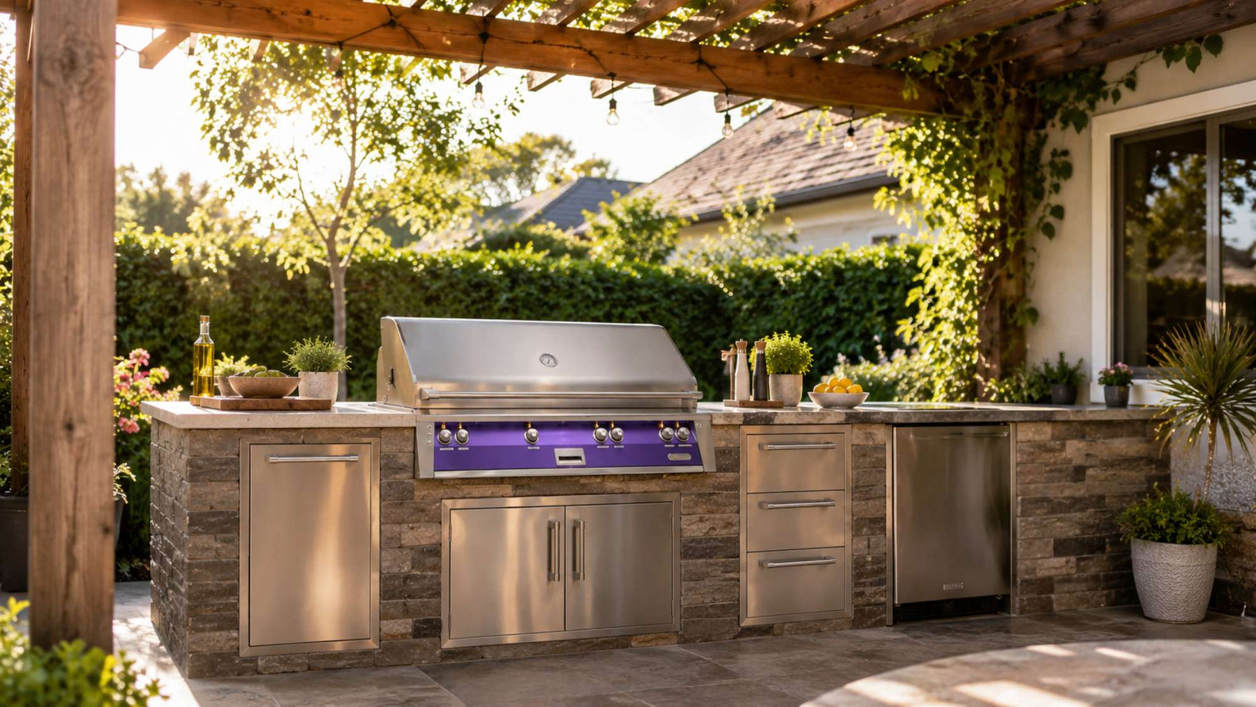 Stainless steel built in outdoor grill sits within a stone kitchen island under a wooden pergola surrounded by lush morning greenery