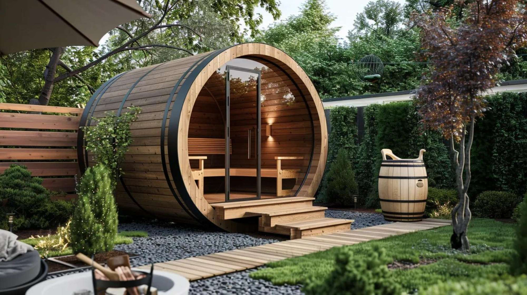Stylish backyard she sheds designed as modern outdoor wellness retreats with wood finishes and relaxing landscaping