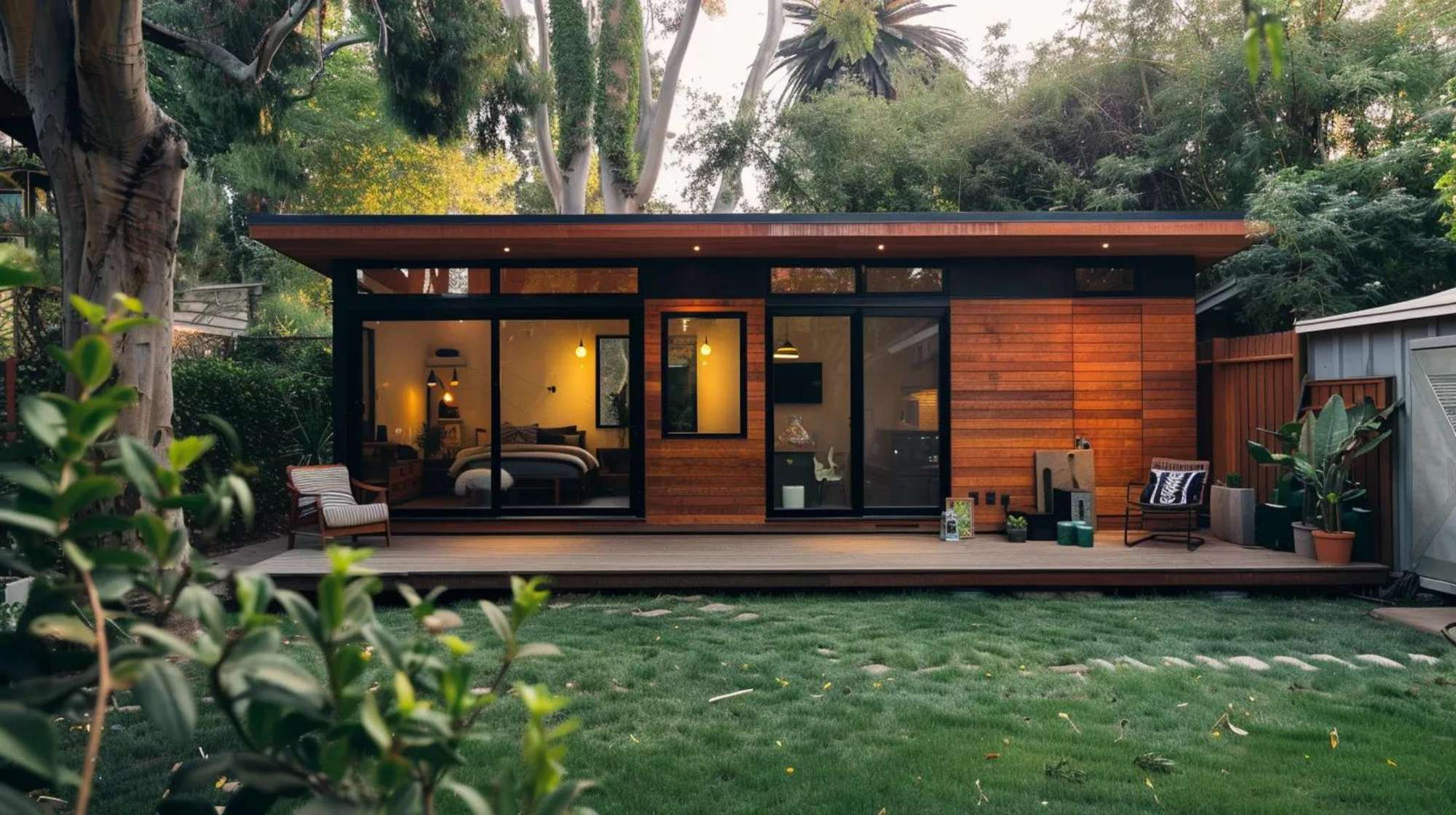 Stylish corporate retreat tiny home with floor-to-ceiling windows, modern outdoor seating, and a calm green backyard atmosphere