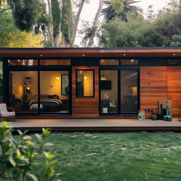 Stylish corporate retreat tiny home with floor-to-ceiling windows, modern outdoor seating, and a calm green backyard atmosphere