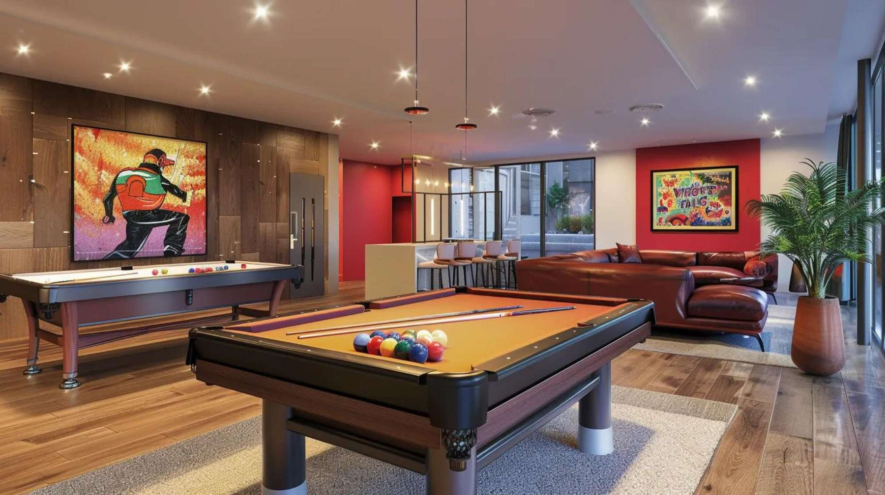 Stylish entertainment room with pool tables and seating highlighting how to soundproof a game room