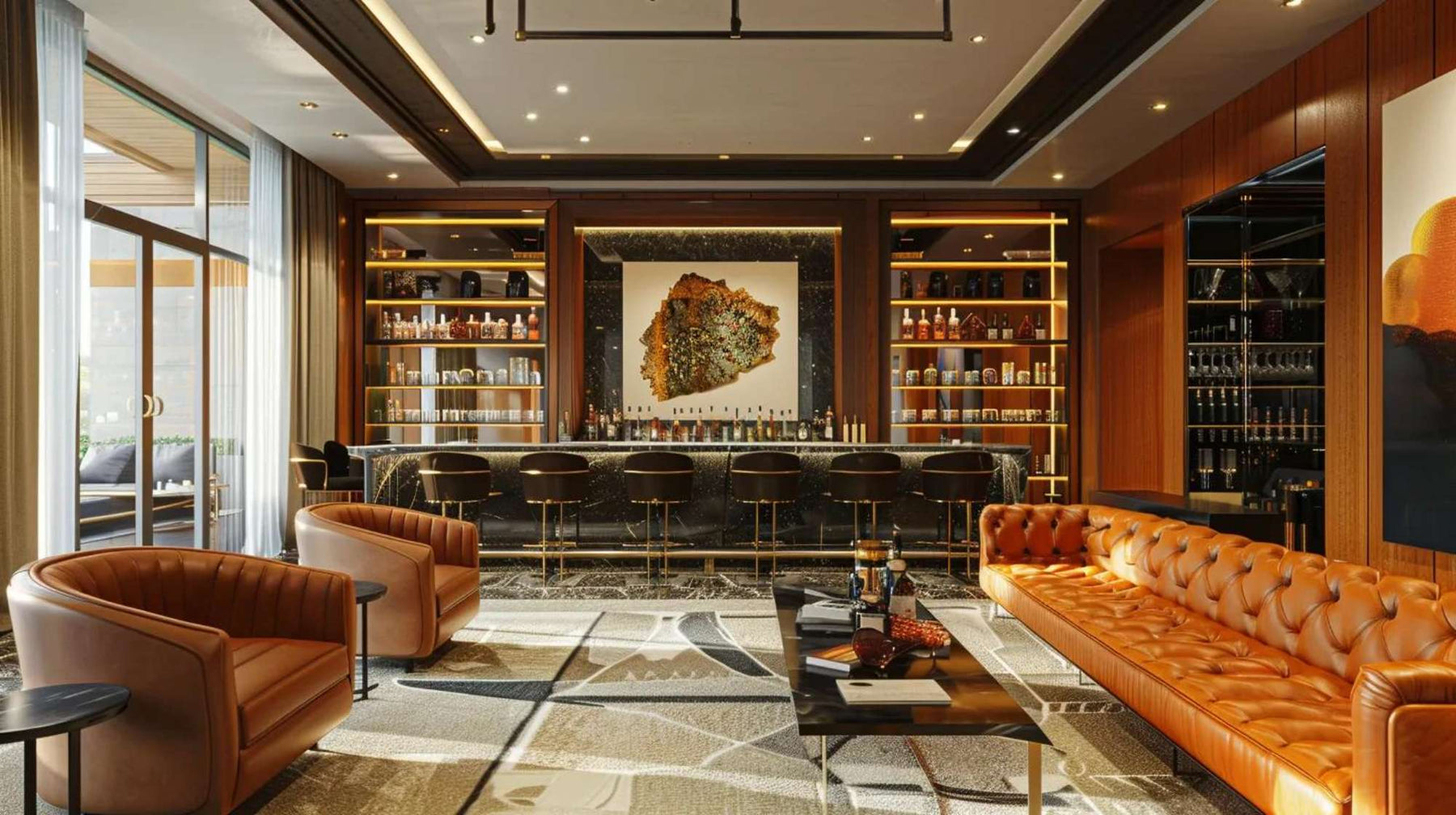 Stylish man cave with a bar, leather seating, and warm lighting shows a relaxing social space, raising the question is it healthy to have a man cave