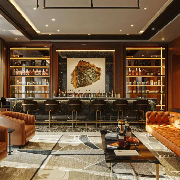 Stylish man cave with a bar, leather seating, and warm lighting shows a relaxing social space, raising the question is it healthy to have a man cave