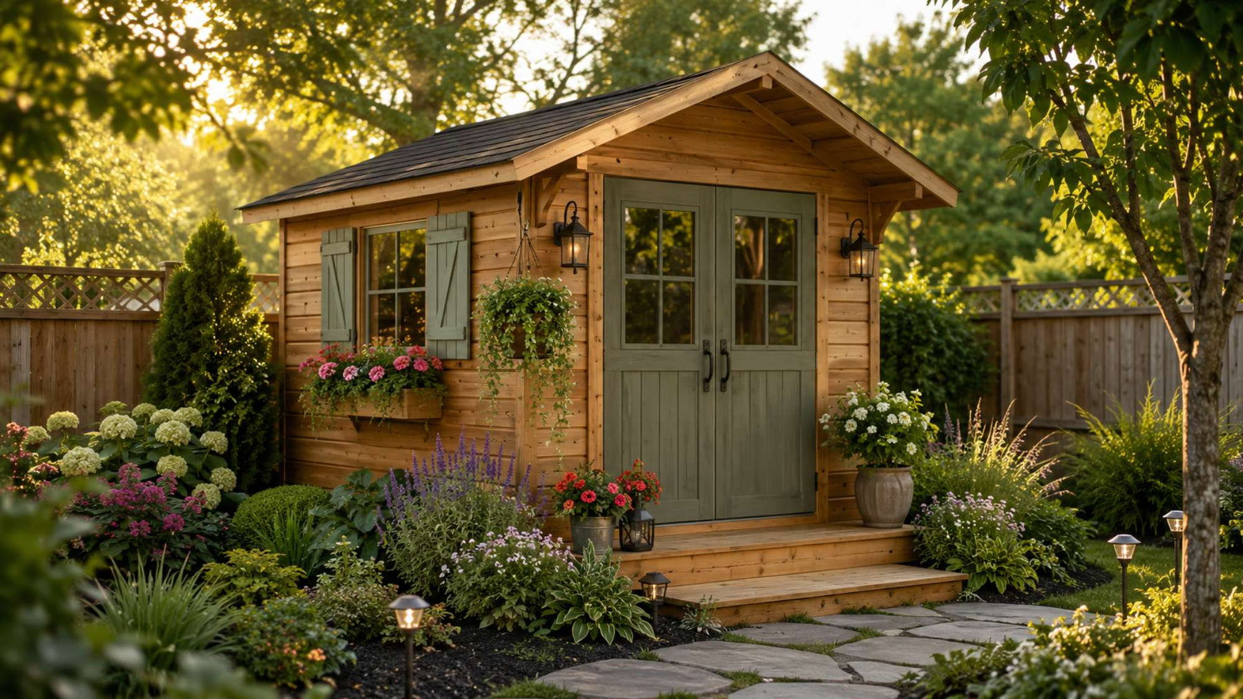 Stylish wooden sheds with flower boxes, lanterns, and a stone pathway in a landscaped backyard