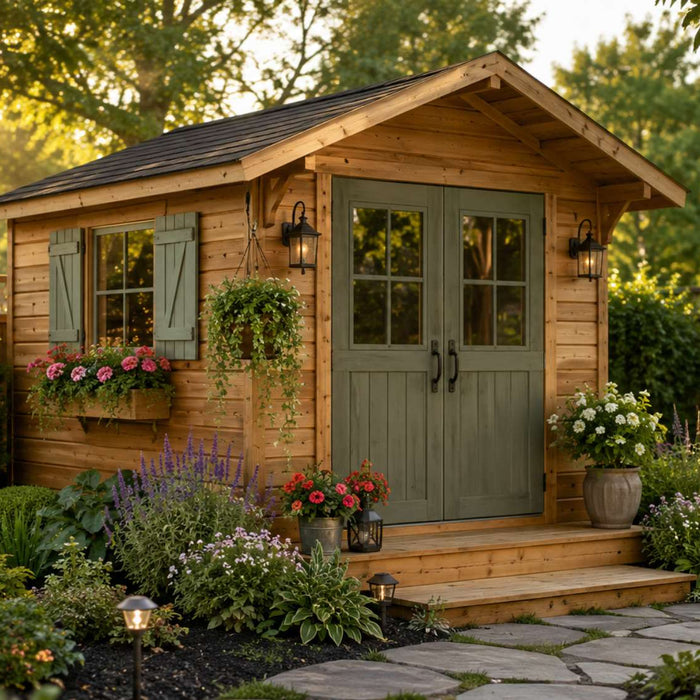 Stylish wooden sheds with flower boxes, lanterns, and a stone pathway in a landscaped backyard