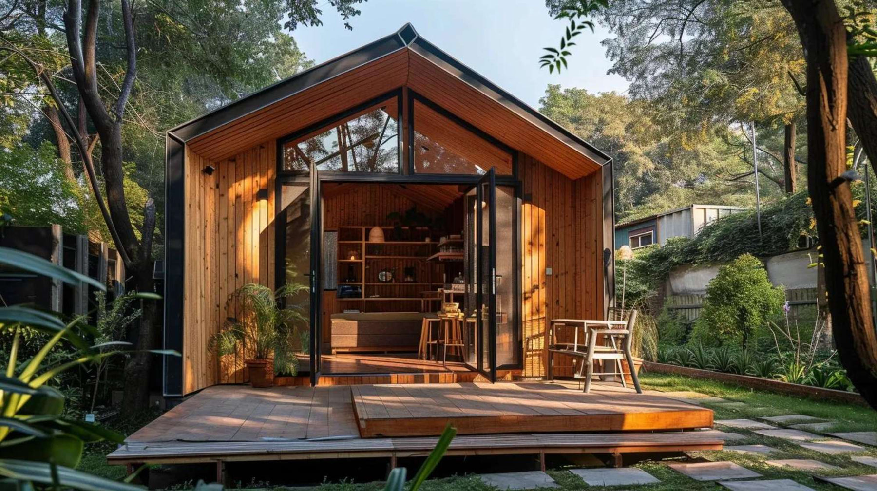 Sunlight pours through the glass front of a warm, wood-paneled tiny house surrounded by trees, showing exactly Why Tiny Home living feels peaceful and freeing