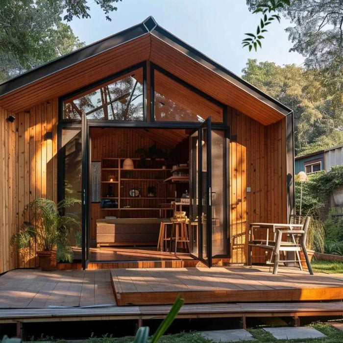 Sunlight pours through the glass front of a warm, wood-paneled tiny house surrounded by trees, showing exactly Why Tiny Home living feels peaceful and freeing