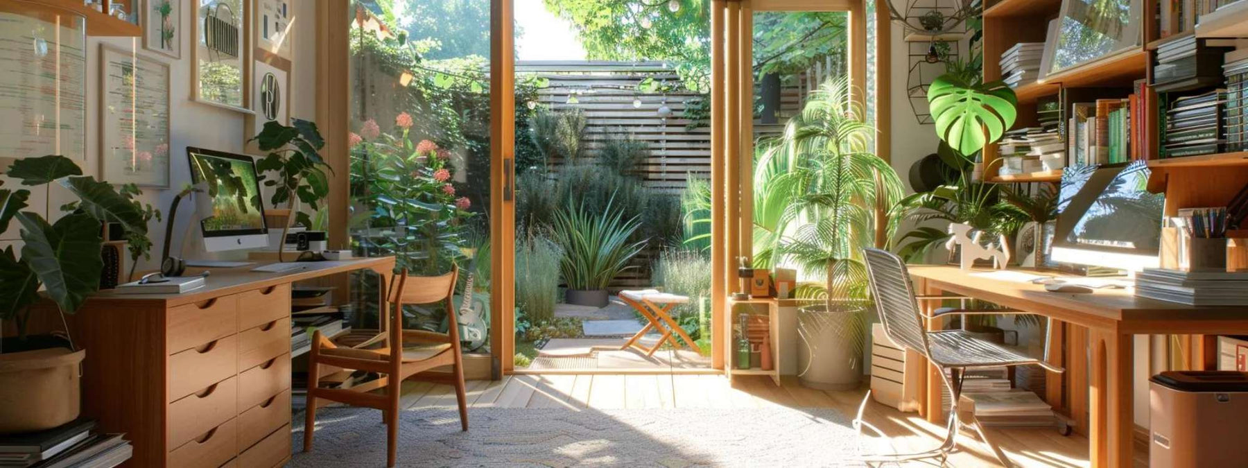 Sunlit backyard office with desks, computers, plants, and garden view, illustrating tiny home office income potential