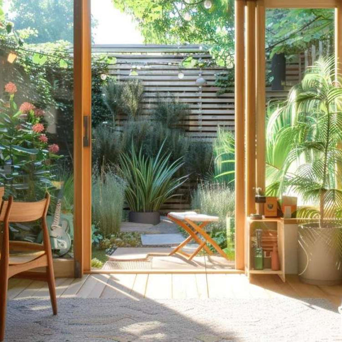 Sunlit backyard office with desks, computers, plants, and garden view, illustrating tiny home office income potential